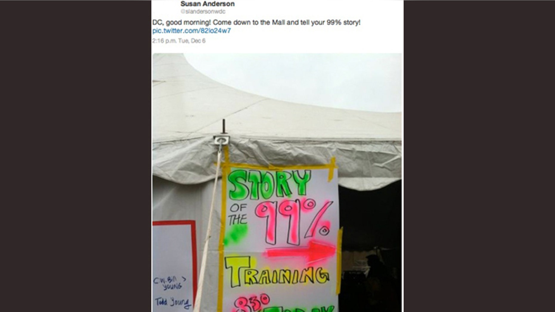 This photo was posted on Susan Anderson's Twitter account in December 2011.