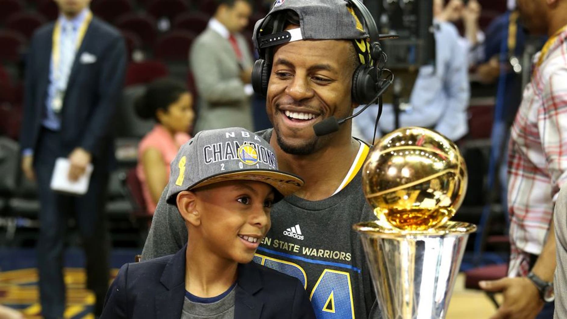 CLEVELAND, OH - JUNE 16: Andre Iguodala #9 of the Golden State Warriors appears on NBA TV after winning Game Six of the 2015 NBA Finals against the Cleveland Cavaliers on June 16, 2015 at Quicken Loans Arena in Cleveland. Ohio. NOTE TO USER: User expressly acknowledges and agrees that, by downloading and or using this Photograph, user is consenting to the terms and conditions of the Getty Images License Agreement. Mandatory Copyright Notice: Copyright 2015 NBAE (Photo by Gary Dineen/NBAE via Getty Images)