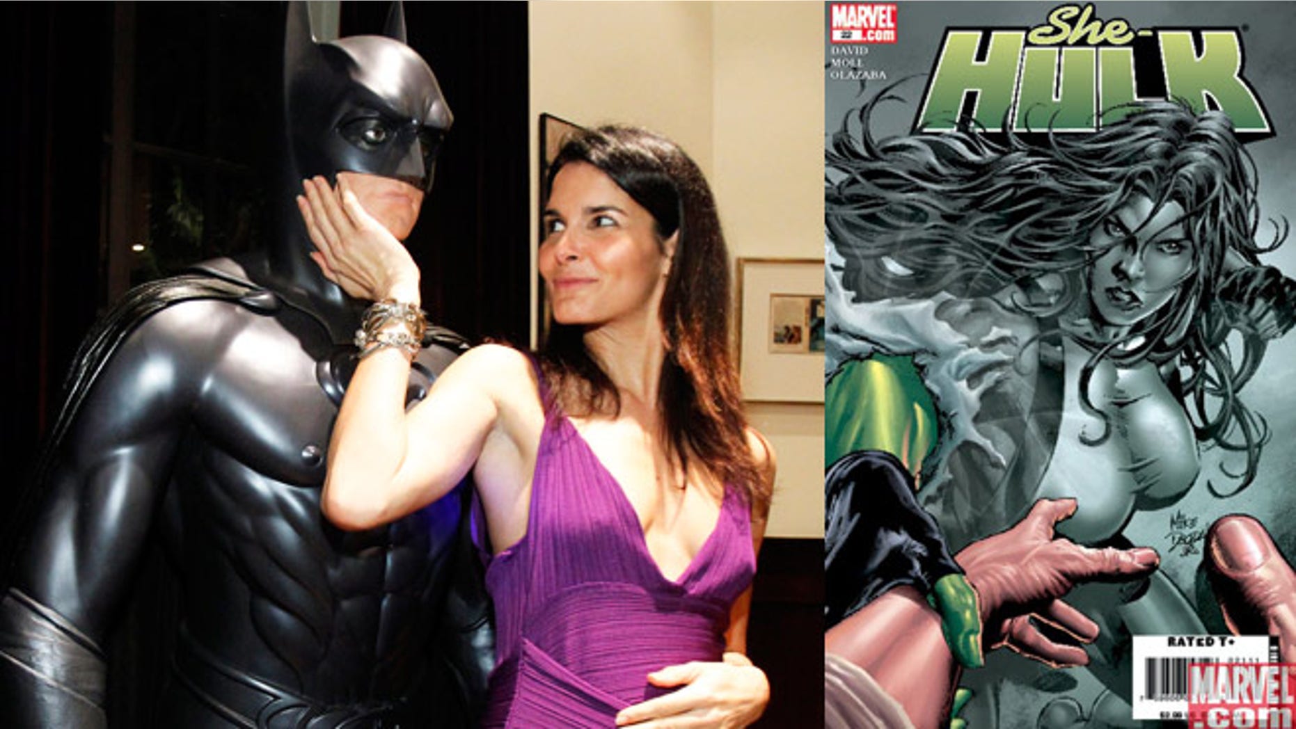 Angie Harmon poses with a Batman figure at the 3rd annual Women In Film, LA Pre-Oscar party in 2010. A hint at her She-Hulk leanings?