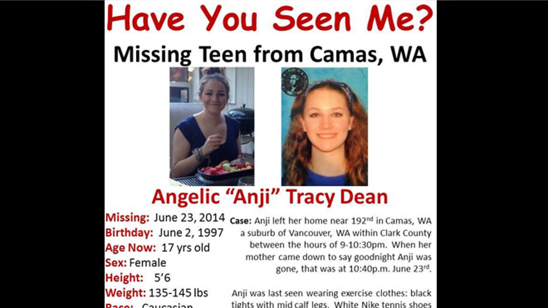 A missing persons poster for Anji Dean.