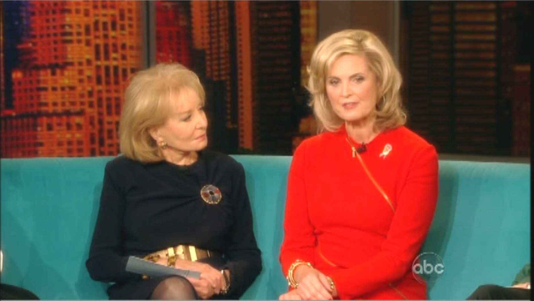Ann Romney, right, was asked her thoughts on abortion by host Barbara Walters shortly after they exchanged pleasantries and Walters reiterated an invitation for Mitt Romney to appear on the daytime talk show.