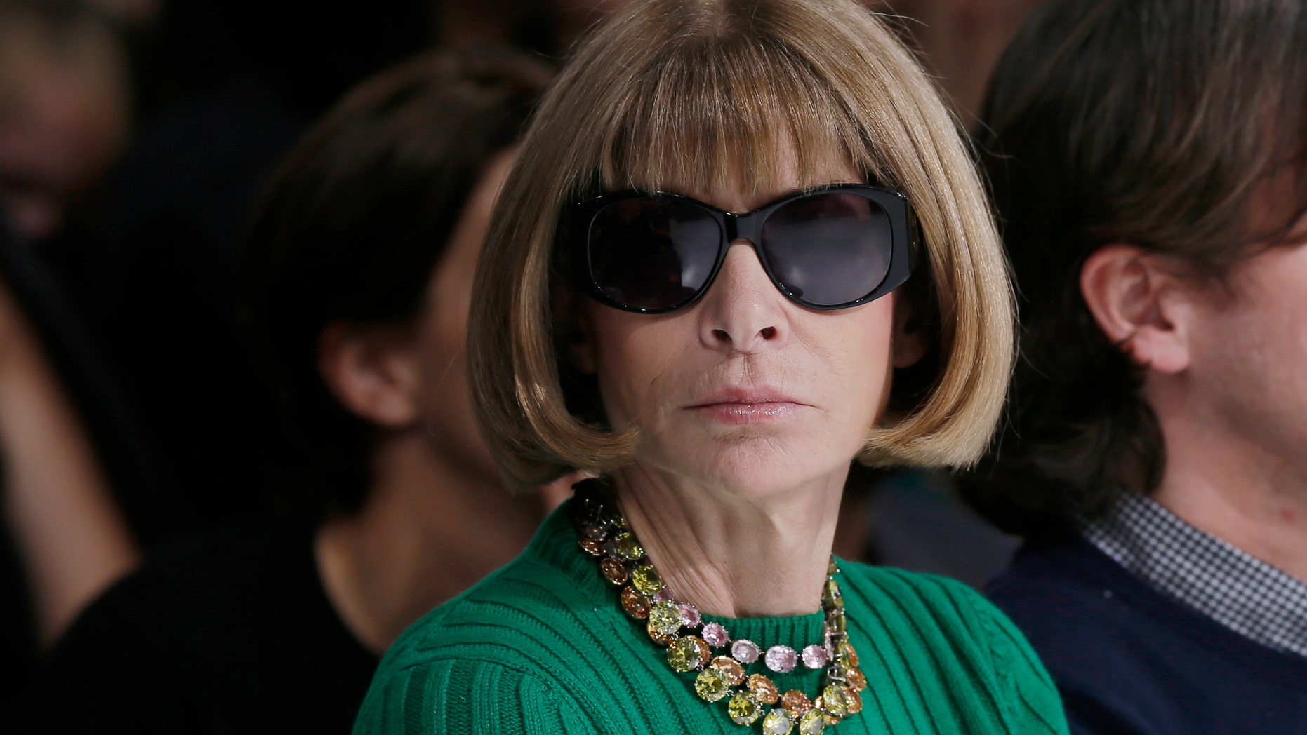 September 26, 2014. U.S. Vogue editor Anna Wintour attends the Belgian designer Raf Simons Spring/Summer 2015 women's ready-to-wear collection show for French fashion house Christian Dior during Paris Fashion Week.