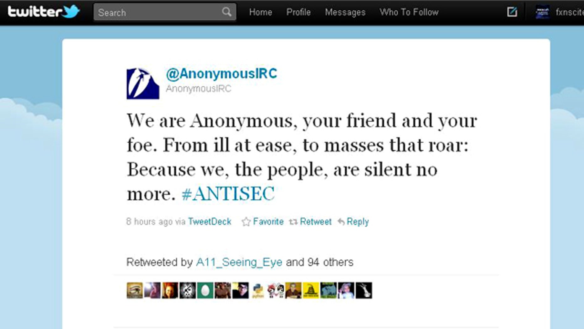 A screenshot of the @AnonymousIRC Twitter feed, one of many associated with the anonymous hacker group responsible for hacking and defacing numerous sites in recent weeks.