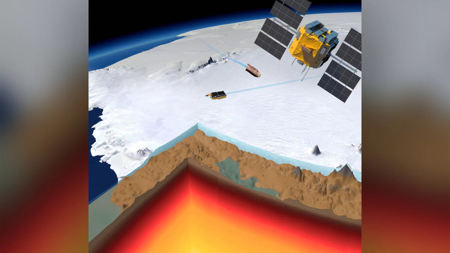 In an illustration of the Amundsen Sea Embayment in West Antarctica, a cutaway reveals the bedrock below the ice, as well as Earth's crust (brown layer), the bottom of the lithosphere (red area) and the mantle (yellow) underneath. Credit: Planetary Visions/ESA