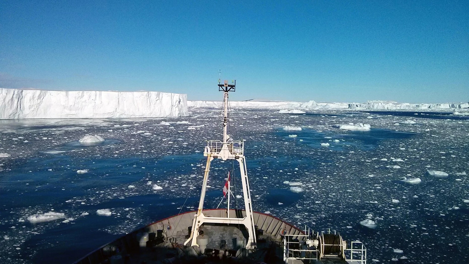View from the bow of the icebreaker the RRS James Clark Ross on a 2014 scientific expedition, during which University of Rhode Island researcher and five other scientists discovered an active volcanic heat source beneath the Pine Island Glacier in Antarctica.