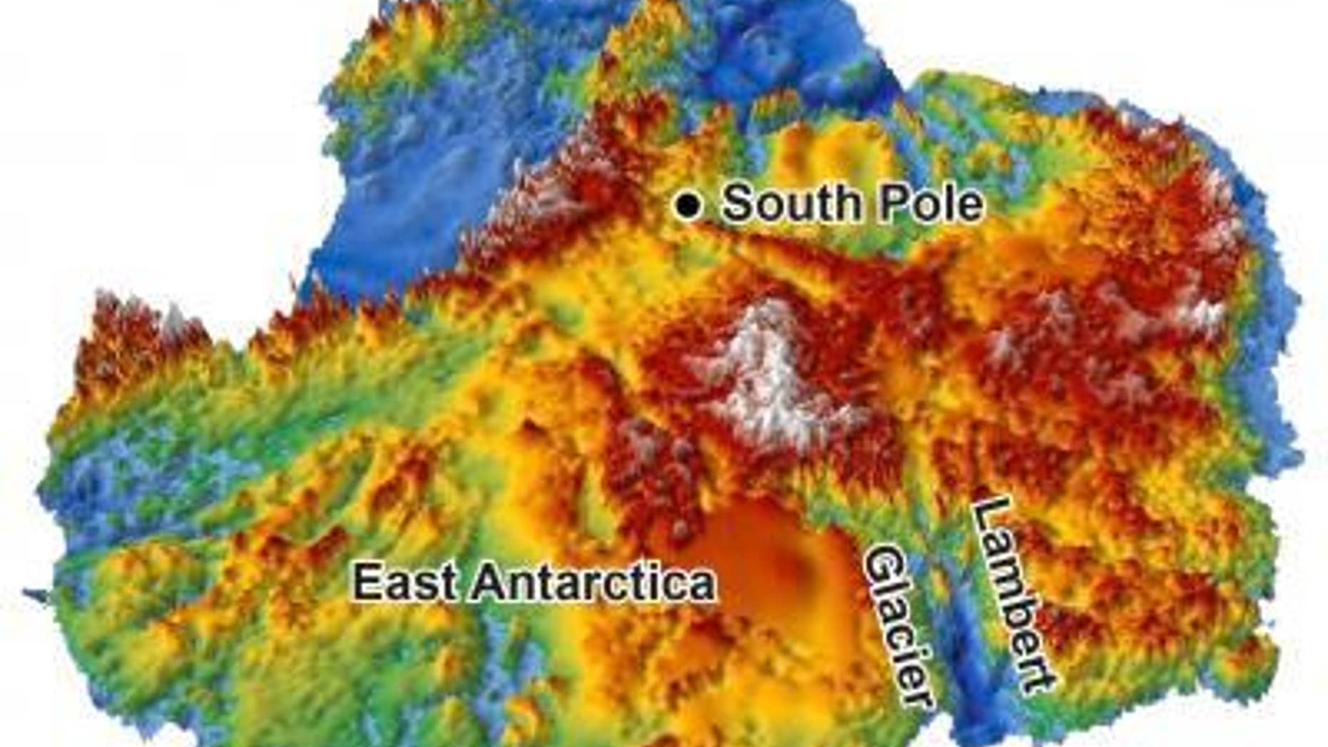This 3-D reconstruction of the topography hidden under Antarctica's two-mile-thick coating of ice was made using data from radar surveys. The continent was relatively flat before glaciers started carving deep valleys 34 million years ago, a new