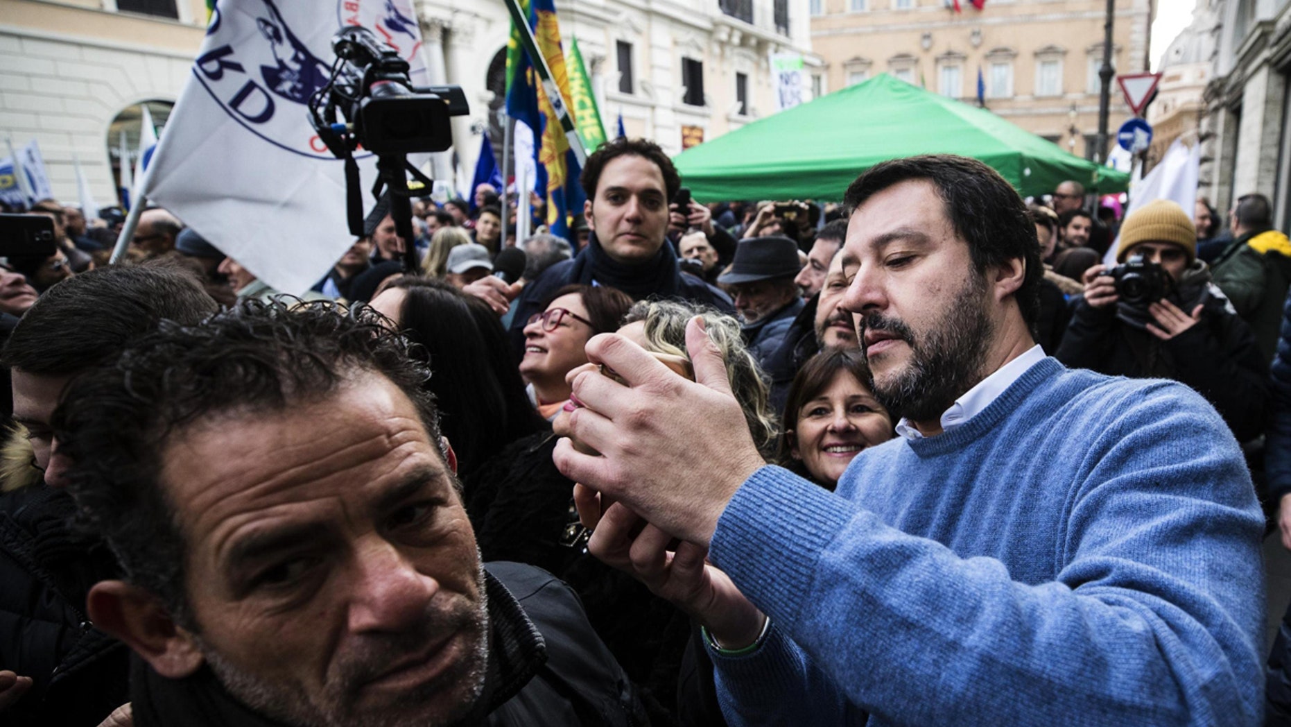 Northern League party leader Matteo Salvini attends demonstration opposing easier Italian citizenship for foreigners in Rome, Italy, Dec. 10, 2017.
