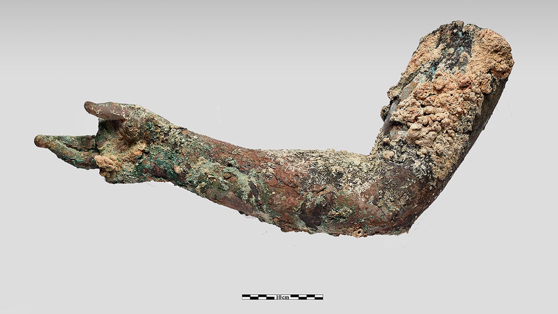 A bronze right arm, preserved from the shoulder to the fingers, was recently recovered from the Antikythera shipwreck.