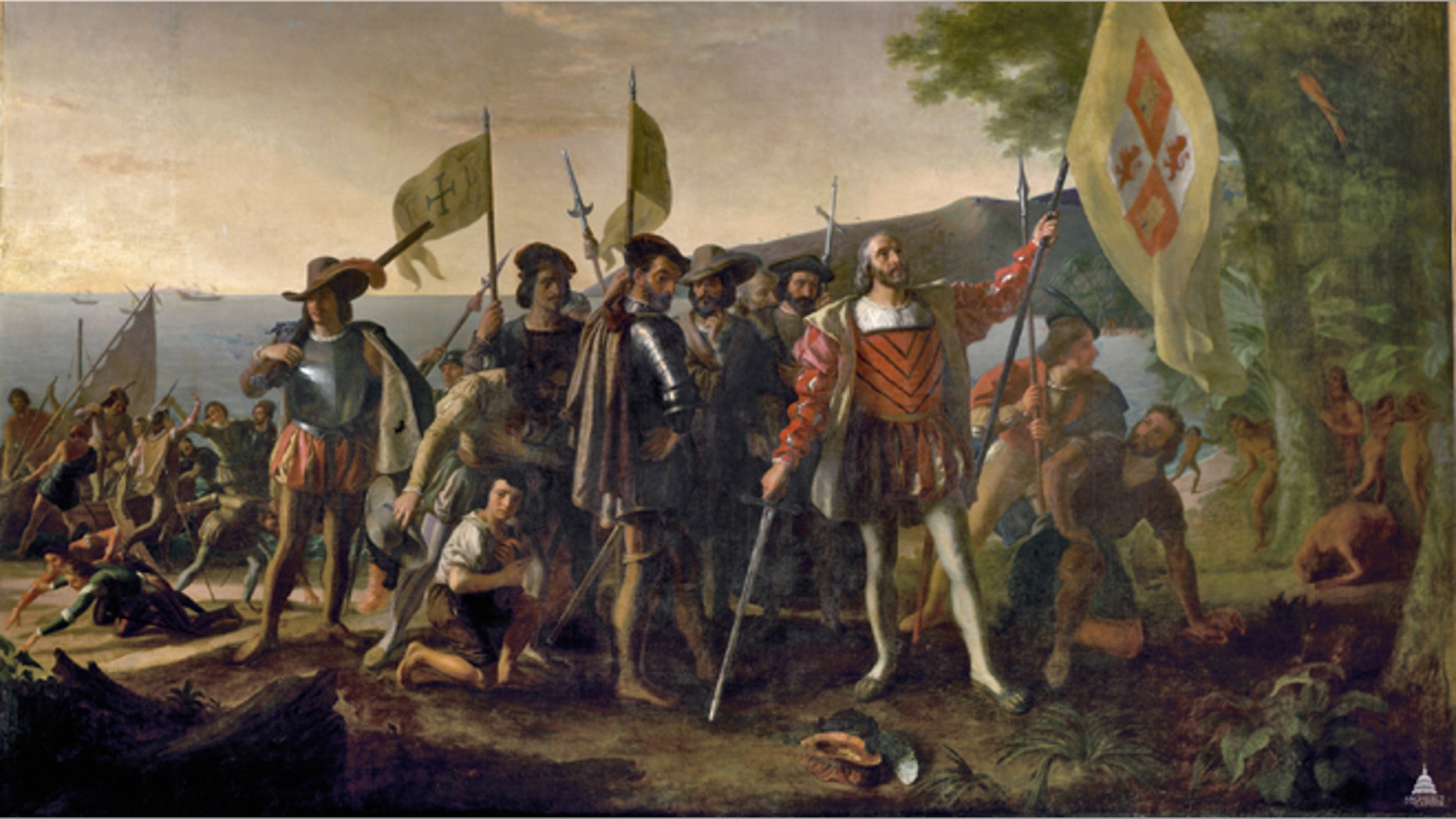 Christopher Columbus and members of his crew on a beach in the West Indies, newly landed from his flagship Santa Maria on October 12, 1492.