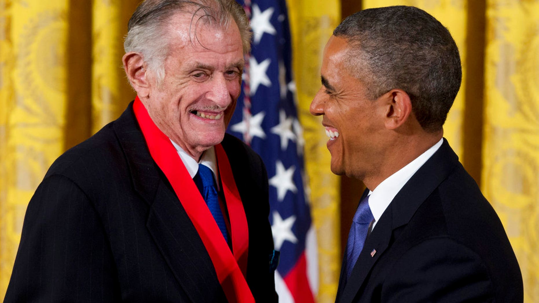 Former president Barack Obama awarded Frank Deford the 2012 National Humanities Medal during a ceremony in the East Room of the White House in Washington.