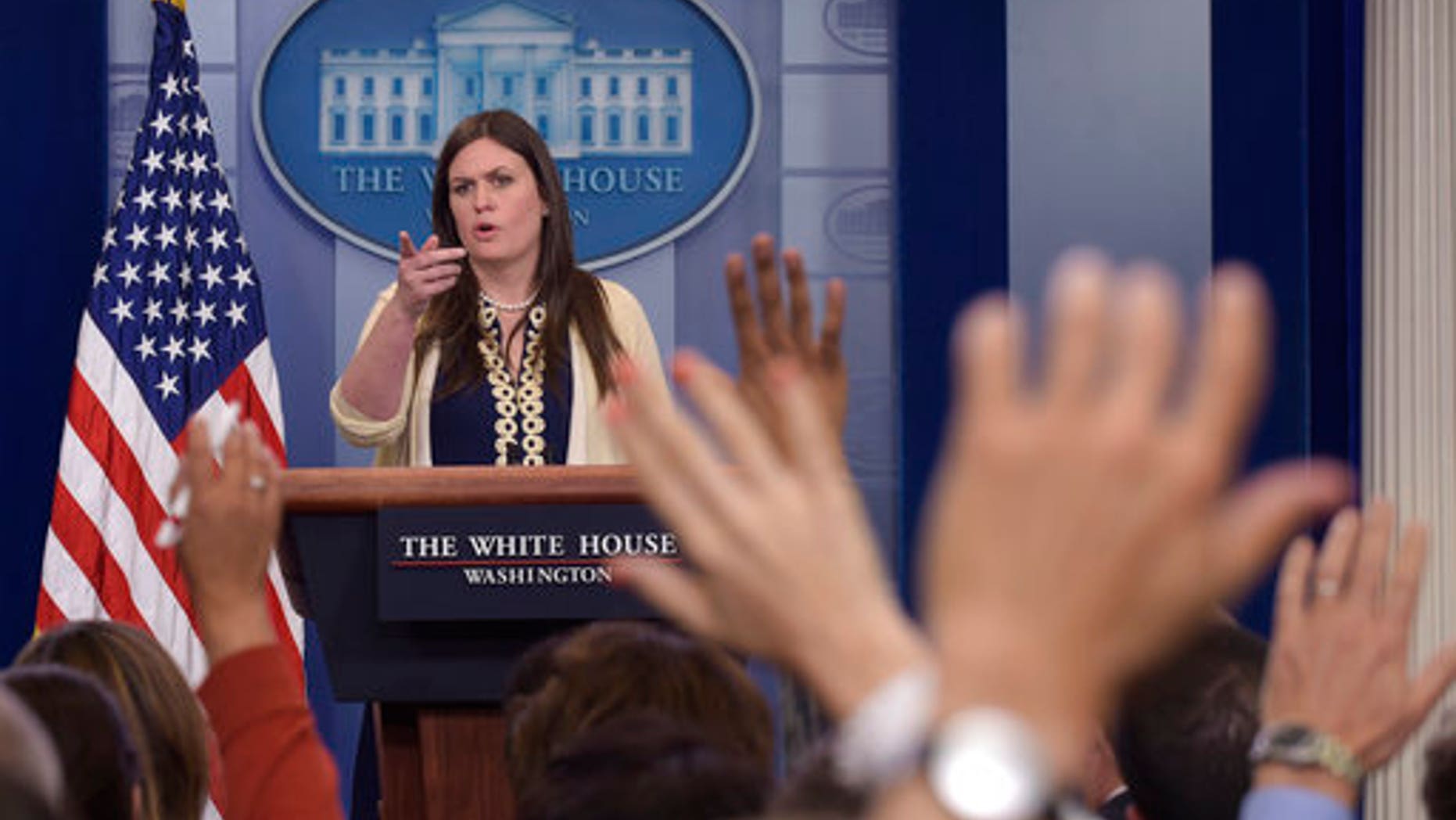 Deputy White House press secretary Sarah Huckabee Sanders speaks during a daily press briefing at the White House.