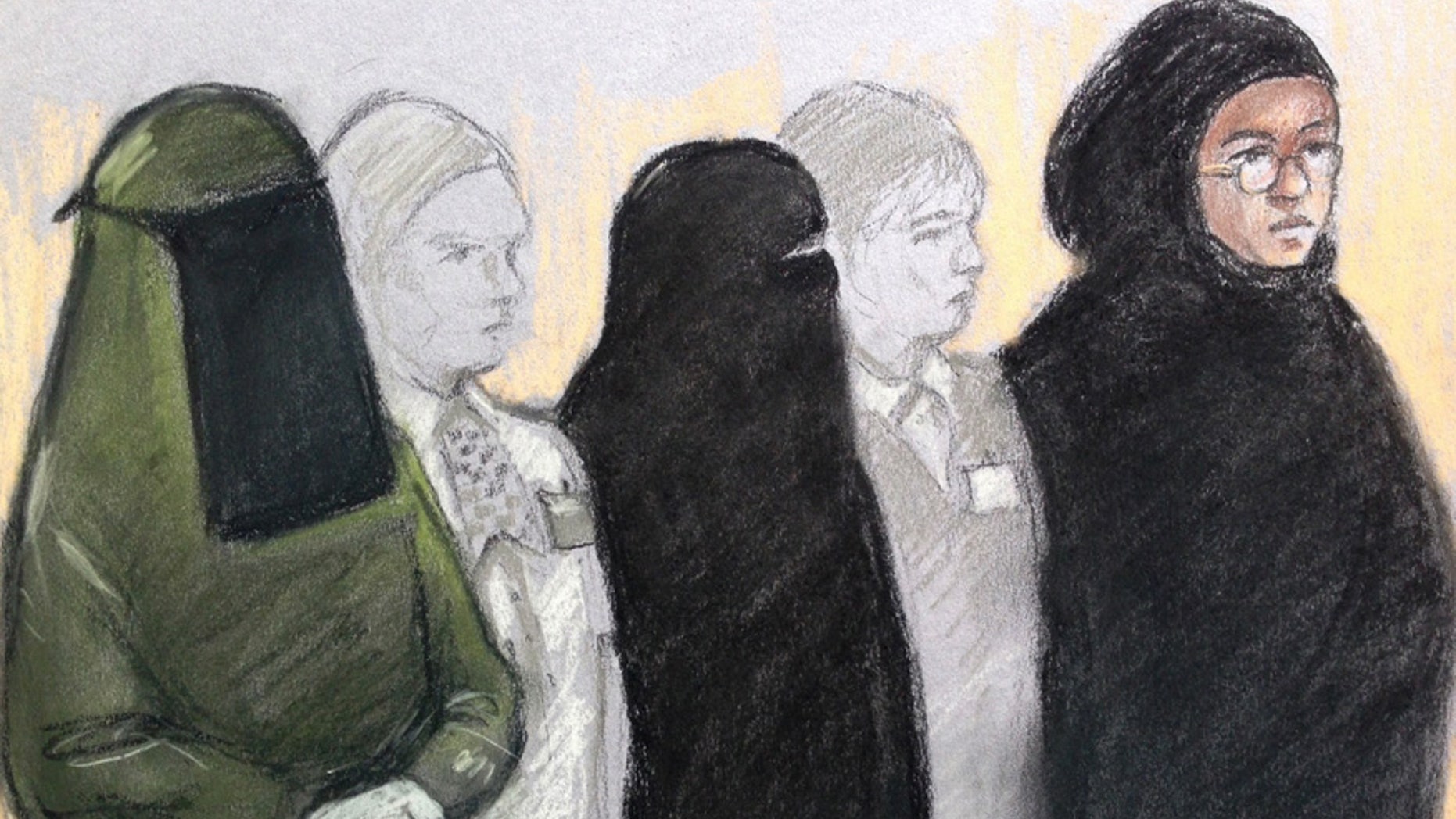 Court artist sketch by Elizabeth Cook of three women, Mina Dich, 43, left, Rizlaine Boular, 21, centre, and Khawla Barghouthi, 20, right, appearing at Westminster Magistrates Court in London charged with preparing a terrorist act and conspiracy to murder, Thursday May 11, 2017. Boular, of central London, was shot by police during a raid by elite armed offices at a terraced house in Harlesden Road, north London, on April 27. (Elizabeth Cook/PA via AP)