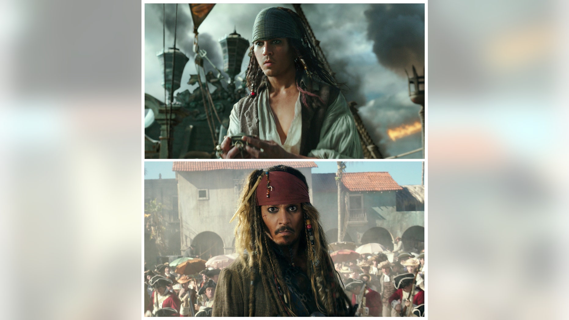 This combination of photos released by Disney, shows the character Jack Sparrow at two stages of his life in "Pirates of the Caribbean: Dead Men Tell No Tales." Johnny Depp, who portrays the character, is the latest mega-star to get the drastic de-aging treatment on screen. Lola Visual Effects first captured a performance from the actual actor and then manipulated it. It went through a number of iterations, over the course of six months, to arrive at the perfect age. The final shots, of which there are about 20-25, took about 15 artists a year of work. (Disney via AP)
