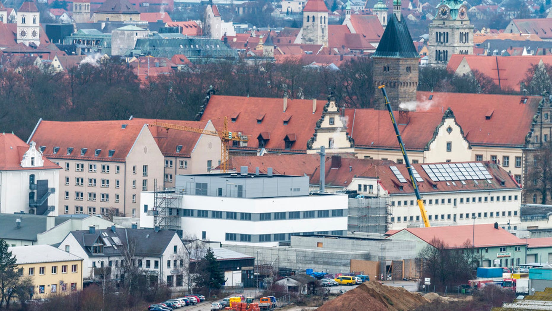FILE - the Jan. 21, 2014 file photo shows the prison in Regensburg, southern Germany, which will be evacuated after a WWII bomb was found nearby, (Armin Weigel/dpa via AP)