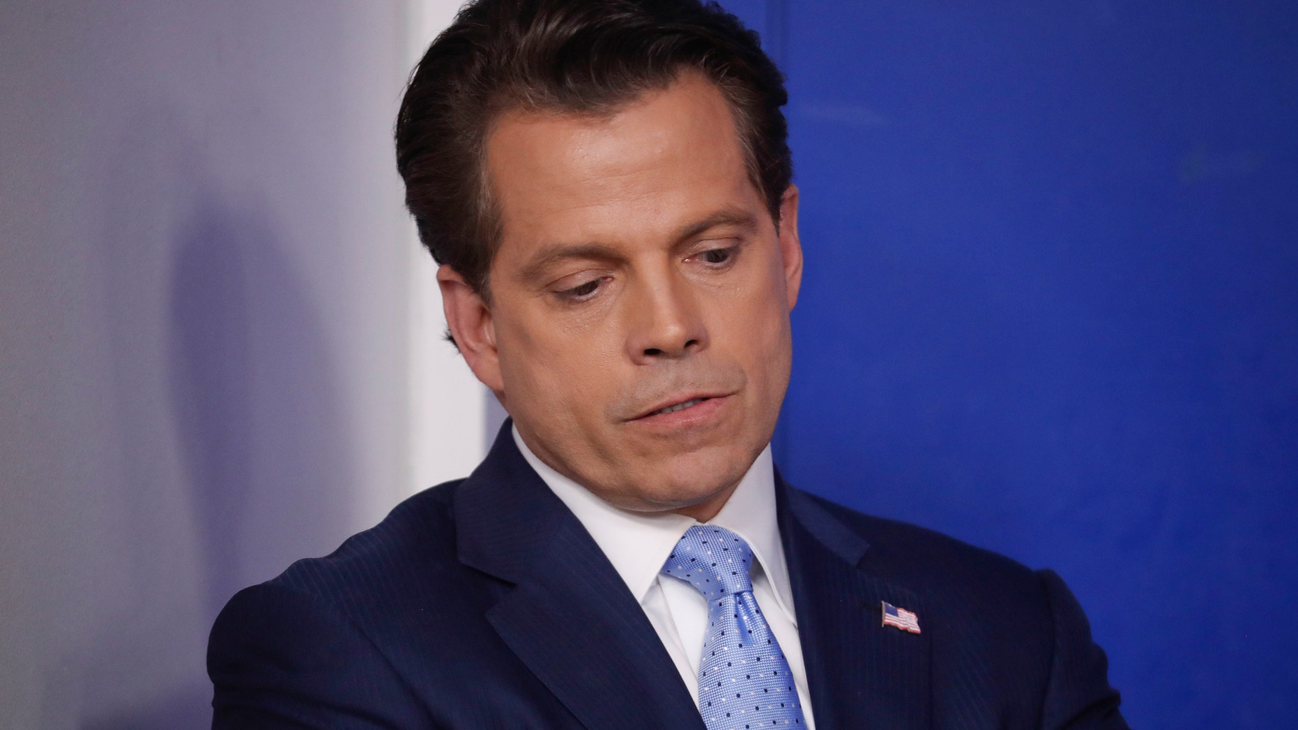 New White House communications director Anthony Scaramucci waits to be introduced by Sarah Huckabee Sanders who has been named White House Press Secretary during the press briefing in the Brady Press Briefing room of the White House in Washington, Friday, July 21, 2017. (AP Photo/Pablo Martinez Monsivais)