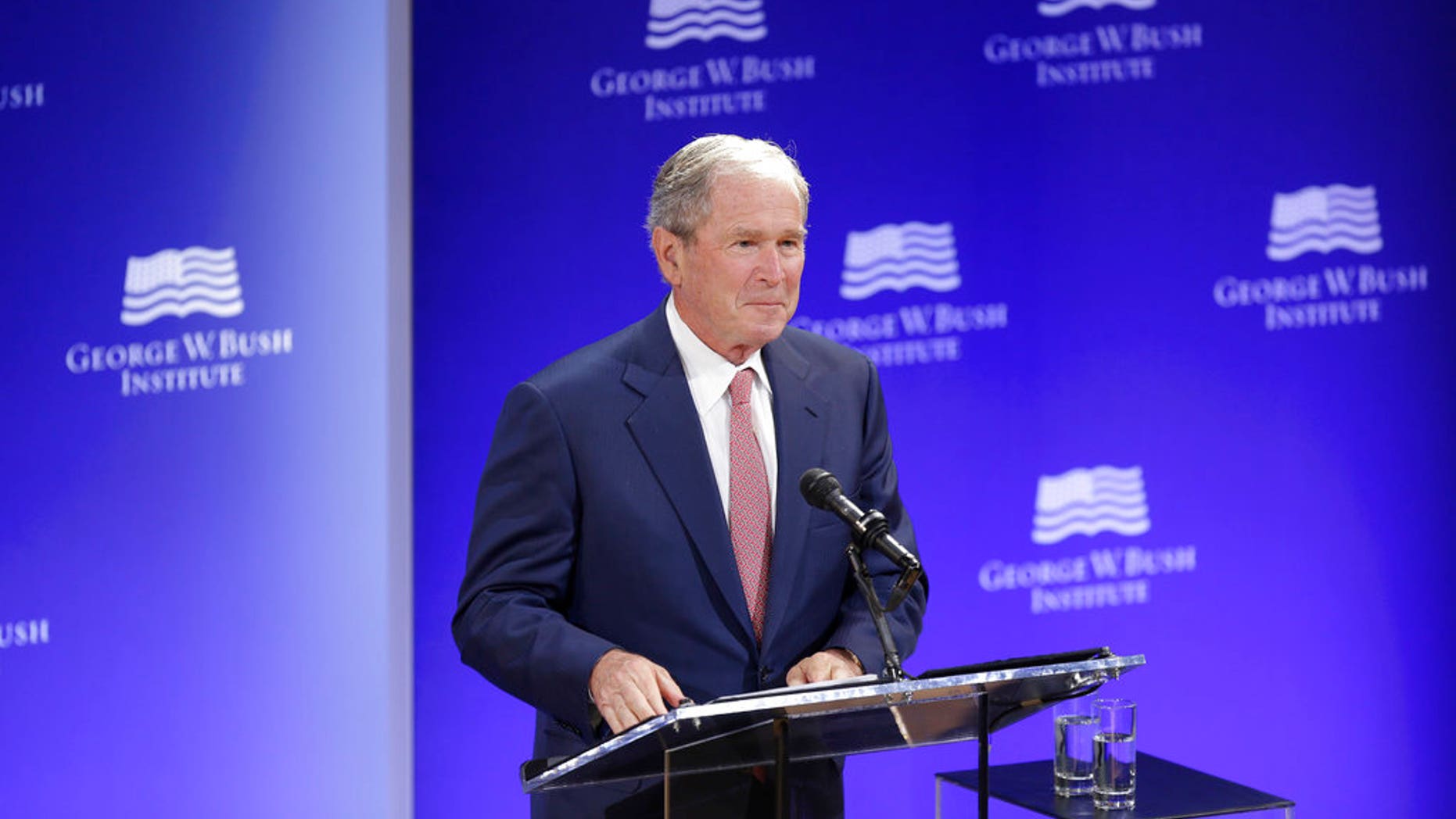 Former President George W. Bush speaks at a forum sponsored by the George W. Bush Institute in New York, Thursday, Oct. 19, 2017.