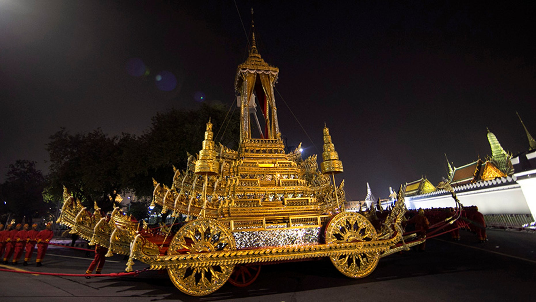 Thailand on Wednesday began an elaborate five-day funeral for King Bhumibol with his son, the new monarch, performing Buddhist merit-making rites in preparation for moving Bhumibol's remains to a spectacular golden crematorium