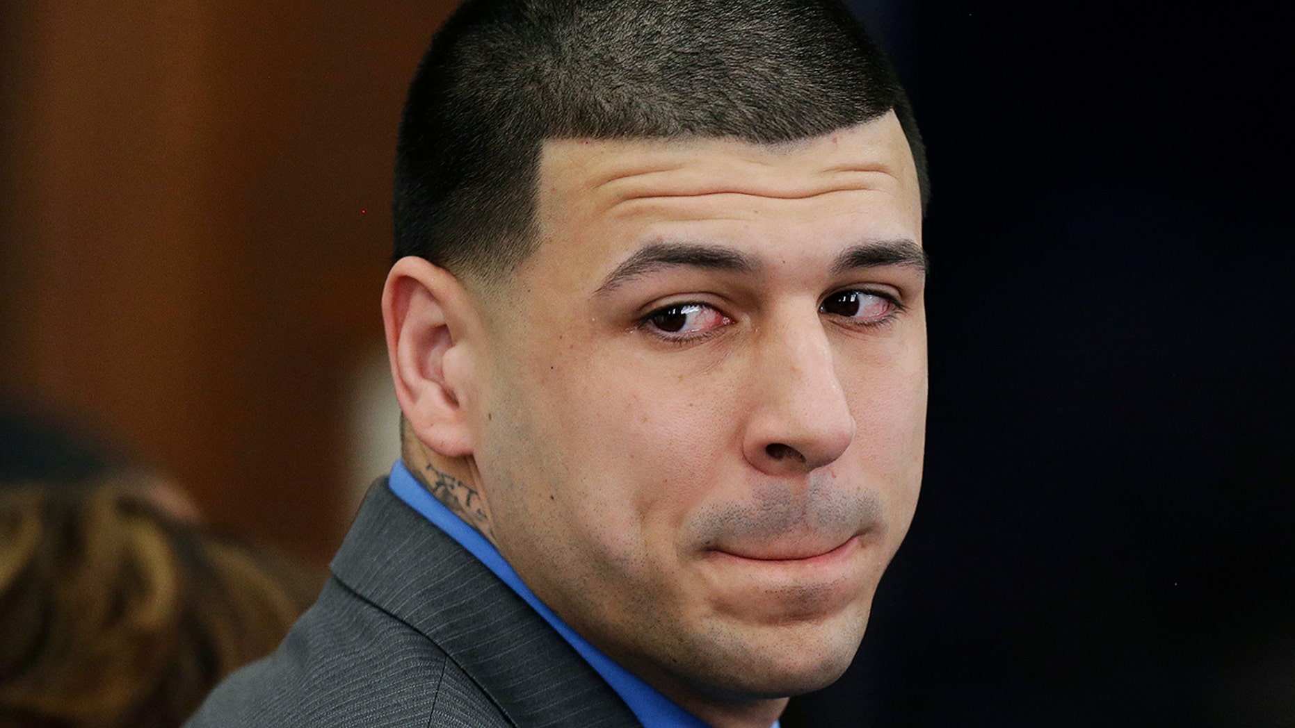 Former New England Patriots tight end Aaron Hernandez appears in court on Friday, April 14, 2017.