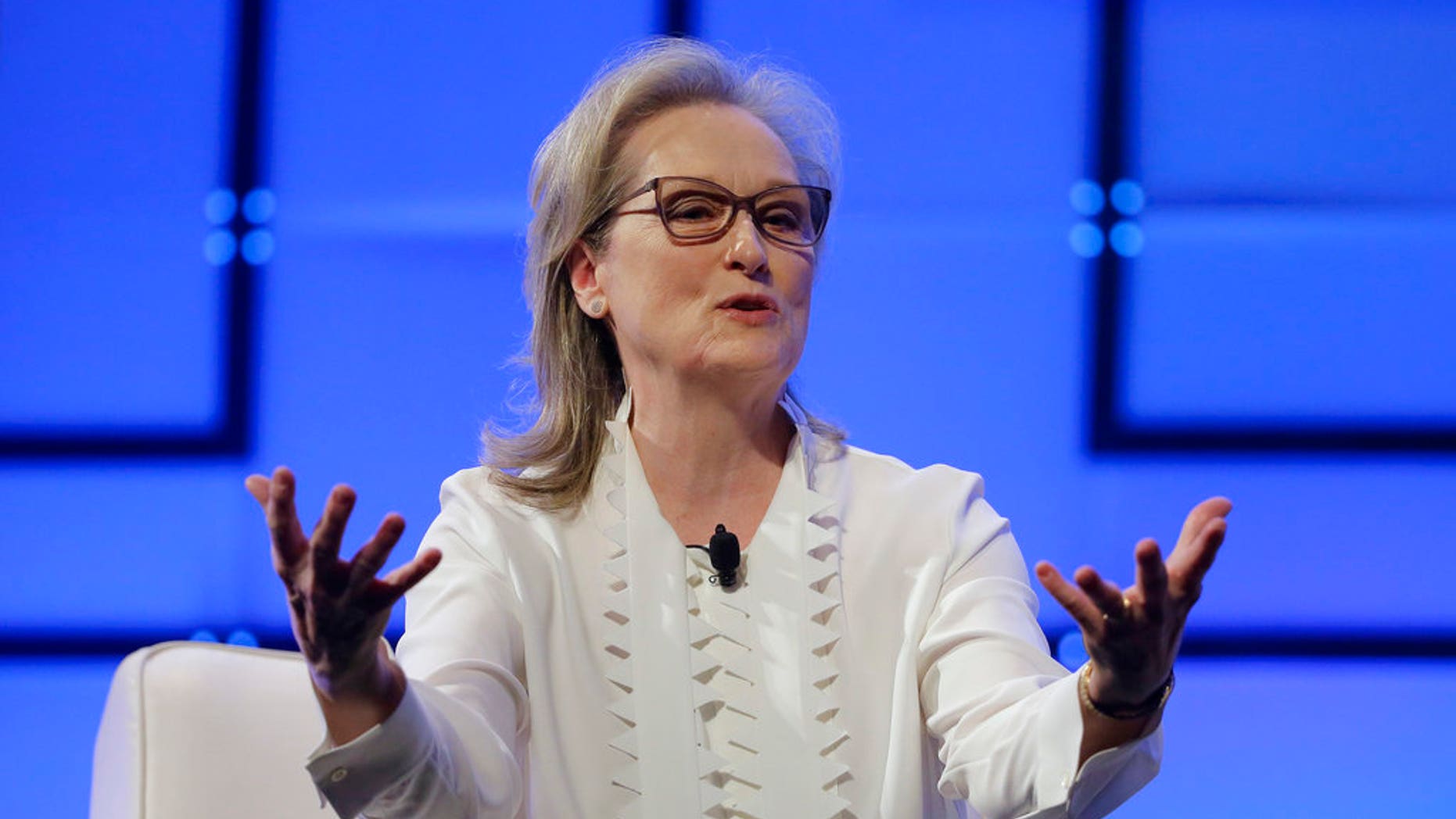 Streep, pictured here speaking at a women's conference in Massachusetts, told The Times she thinks Melania Trump "has so much that's valuable to say" regarding sexual assault allegations plaguing various industries.