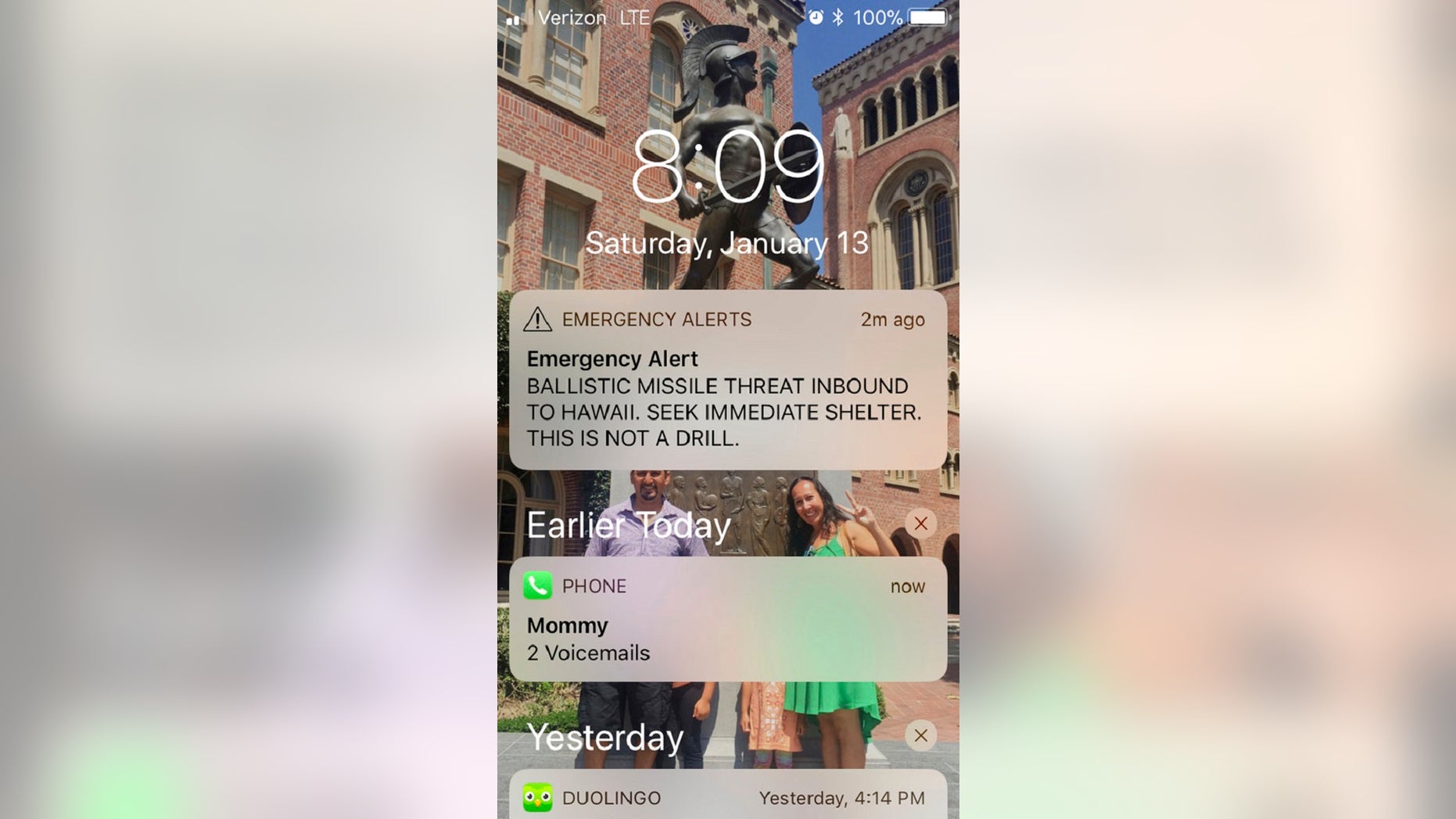 This smartphone screen capture shows a false incoming ballistic missile emergency alert sent from the Hawaii Emergency Management Agency system, Jan. 13, 2018.