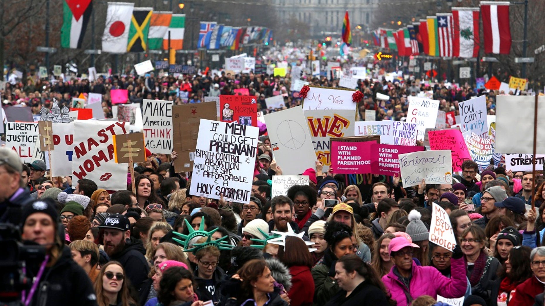 Protesters gather in Philadelphia on Jan. 21, 2017. This year, marches are slated to take place in hundreds of cities both in the U.S. and beyond on Saturday.