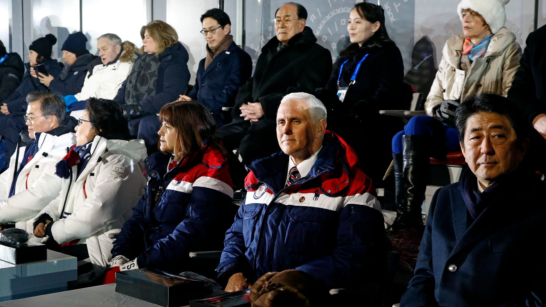 Vice President Mike Pence (bottom right) sits between second lady Karen Pence and Japanese Prime Minister Shinzo Abe at the opening ceremony of the 2018 Winter Olympics in Pyeongchang, South Korea. Seated behind Pence are Kim Yong Nam (third from top right) president of the Presidium of North Korean Parliament and Kim Yo Jong (top right), sister of North Korean leader Kim Jong Un.