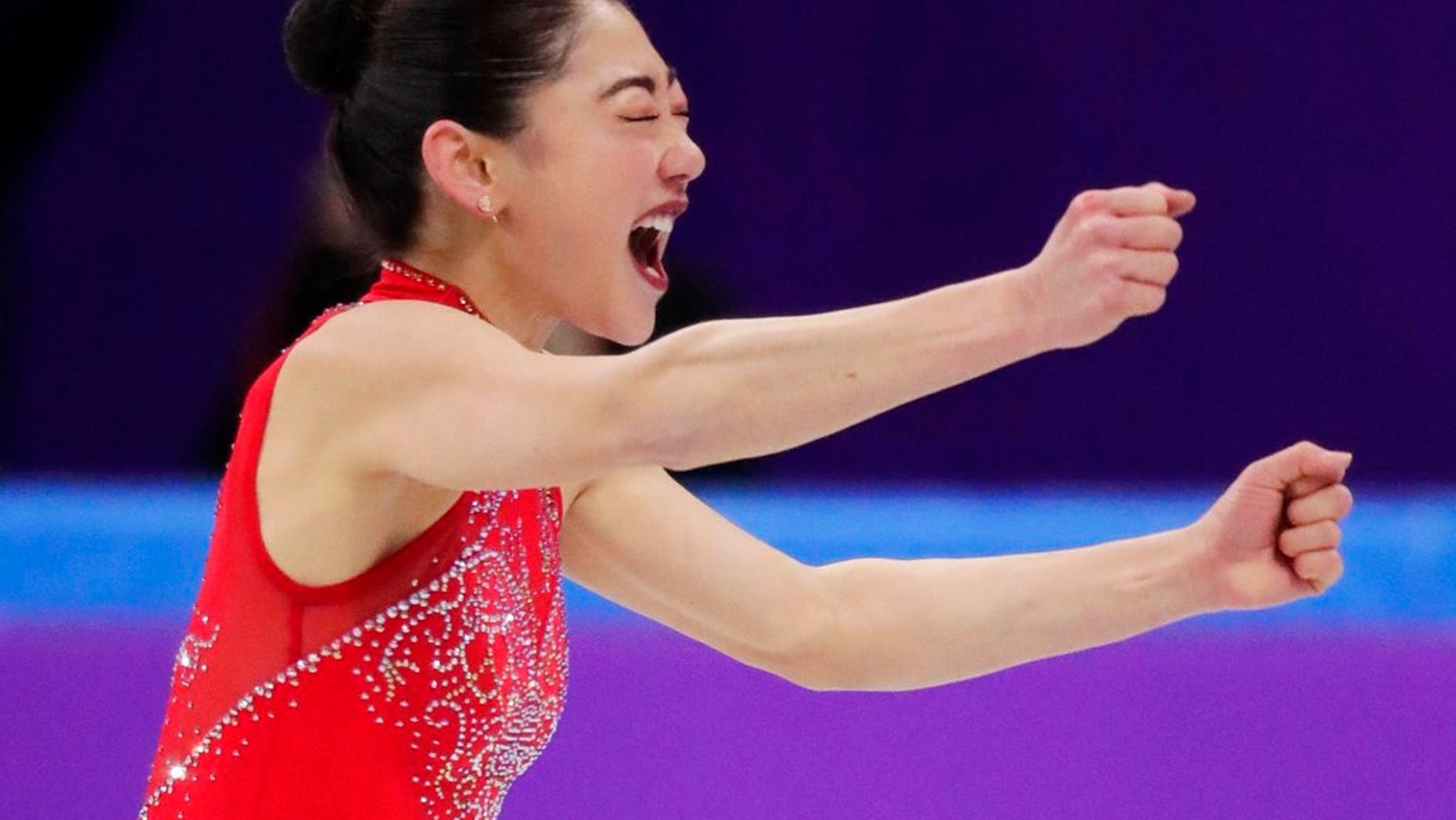 Mirai Nagasu of the United States celebrates after her performance in the ladies single skating free skating in the Gangneung Ice Arena at the 2018 Winter Olympics in Gangneung, South Korea, Monday, Feb. 12, 2018.