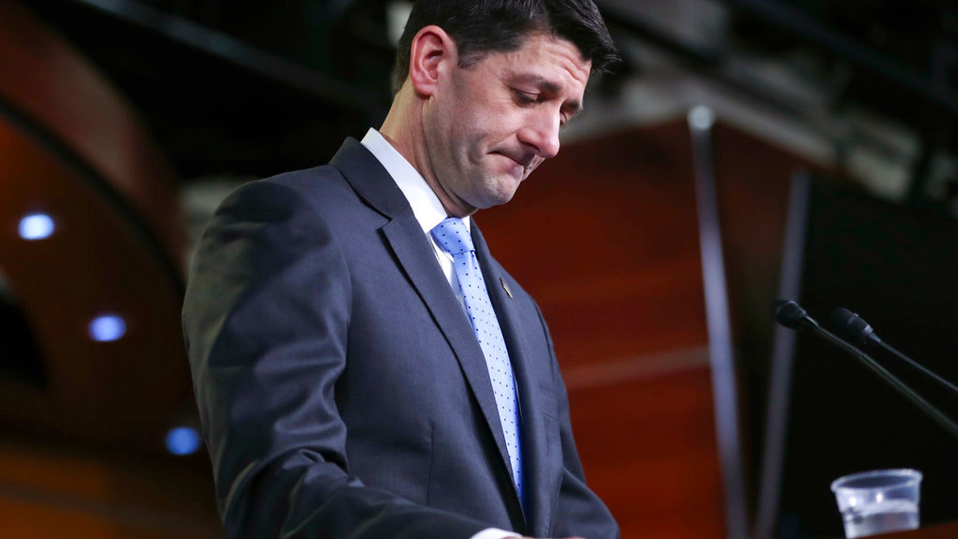 House Speaker Paul Ryan of Wis., pauses as he speaks to the media during a news conference, Thursday, Feb. 15, 2018, on Capitol Hill in Washington. (AP Photo/Pablo Martinez Monsivais)