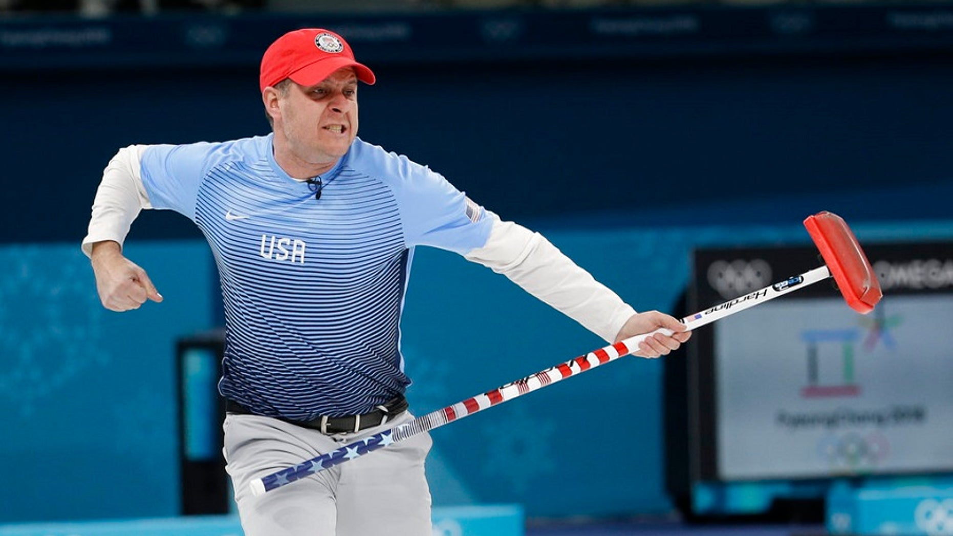 United States's skip John Shuster reacts during the men's final curling match against Sweden at the 2018 Winter Olympics in Gangneung, South Korea, Saturday, Feb. 24, 2018. (AP Photo/Natacha Pisarenko)