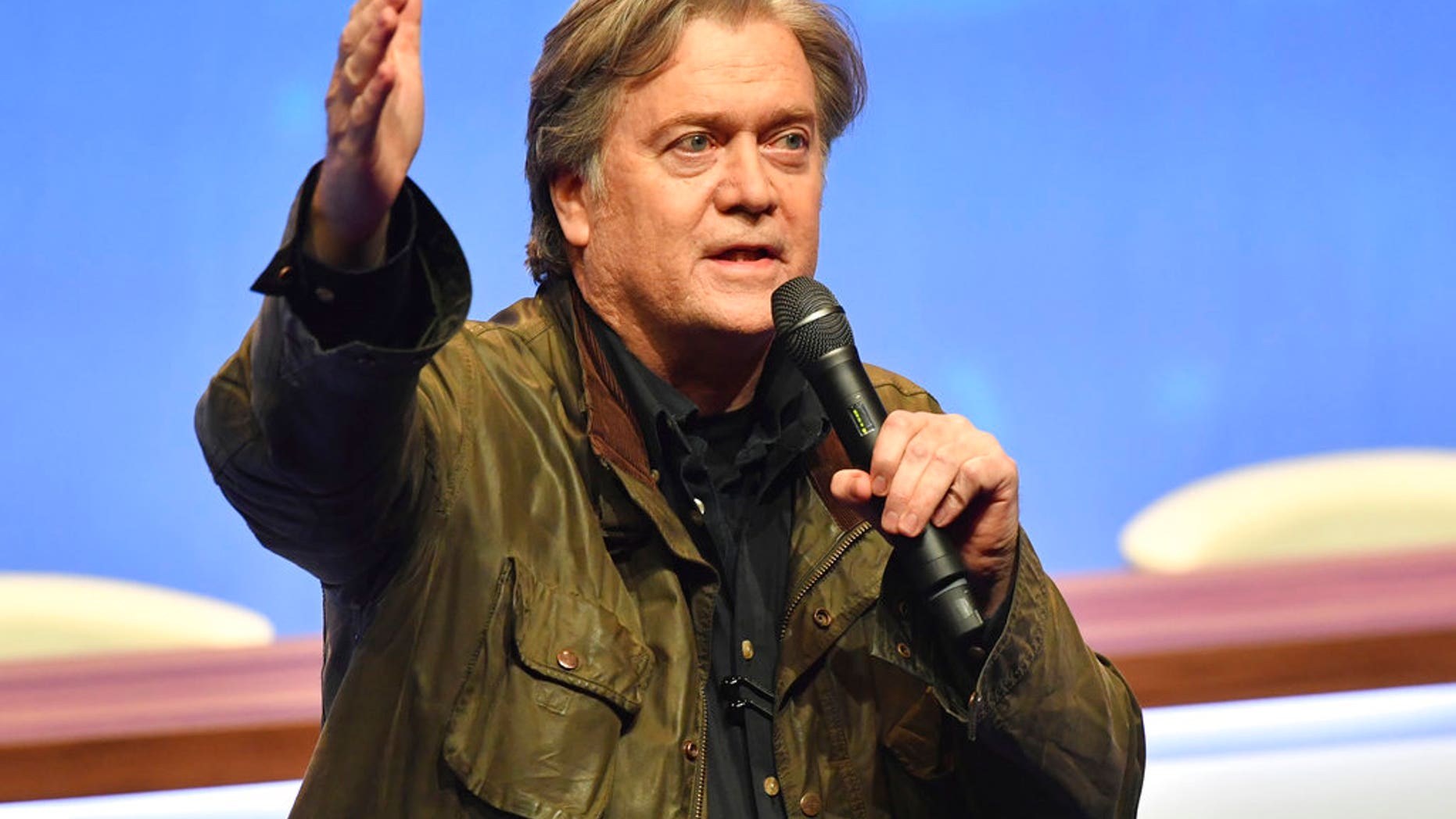 Former White House strategist Steve Bannon addresses members of the French far-right National Front at a party congress in Lille, France, March 10, 2018.