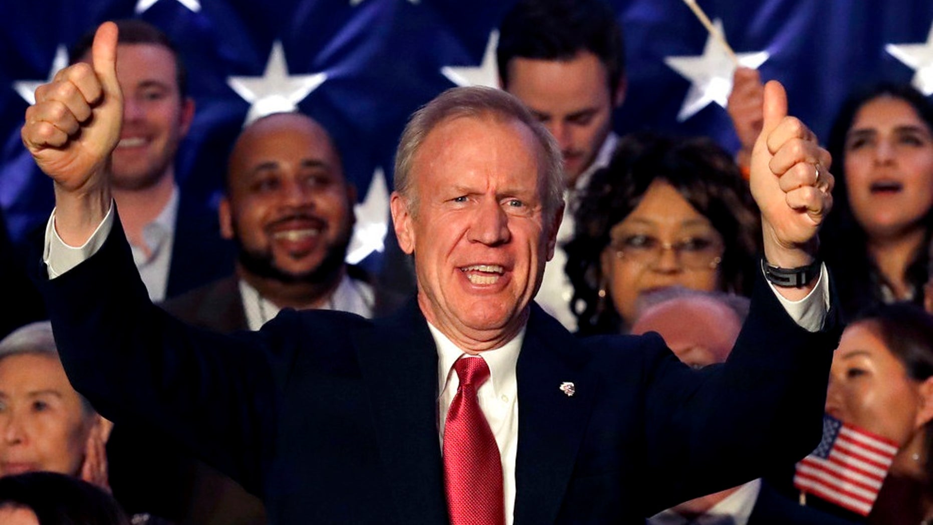 Illinois Republican Gov. Bruce Rauner addresses the crowd on primary election night, in Chicago, March 20, 2018.