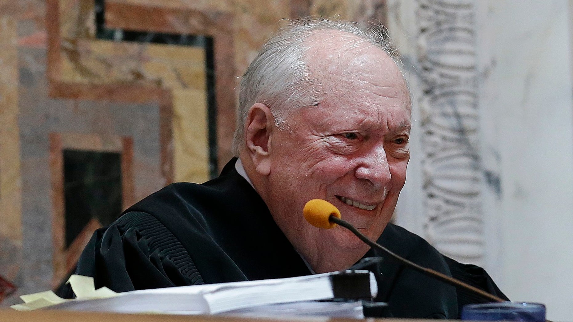 Judge Stephen Reinhardt listens to arguments on gay marriage bans at the 9th U.S. Circuit Court of Appeals in San Francisco, Sept. 8, 2014.