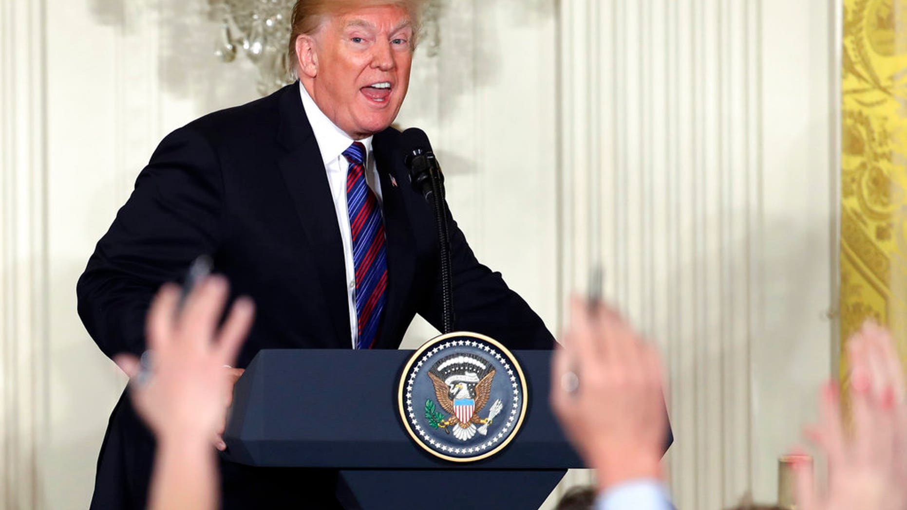 President Trump speaks with Latvian President Raimonds Vejonis, Esonian President Kersti Kaljulaid, and Lithuanian President Dalia Grybauskaite in the East Room of the White House on Tuesday.