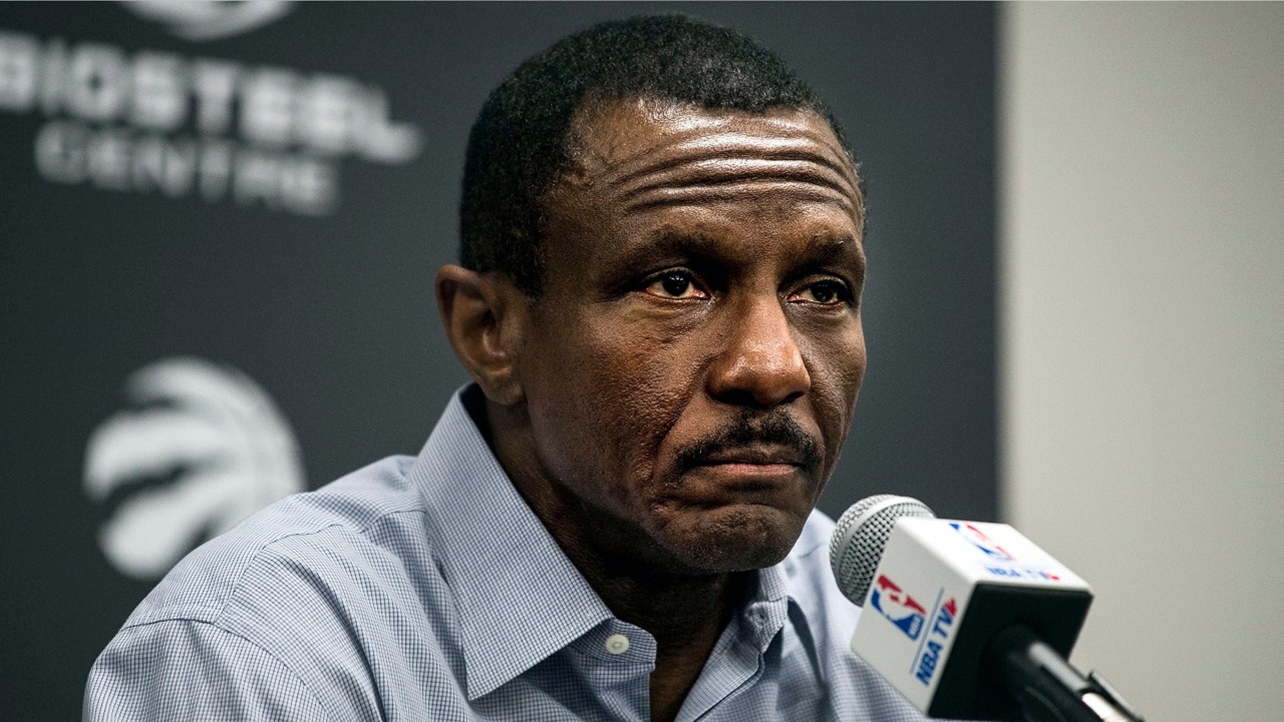 In this Wednesday, May 9, 2018 photo, Toronto Raptors head coach Dwane Casey speaks to media during an end-of-season NBA basketball media availability in Toronto,. The Raptors have fired Casey on Friday, May 11, 2018, after the team was swept in the playoffs by the Cleveland Cavaliers for second straight season. (Aaron Vincent Elkaim/The Canadian Press via AP, File)