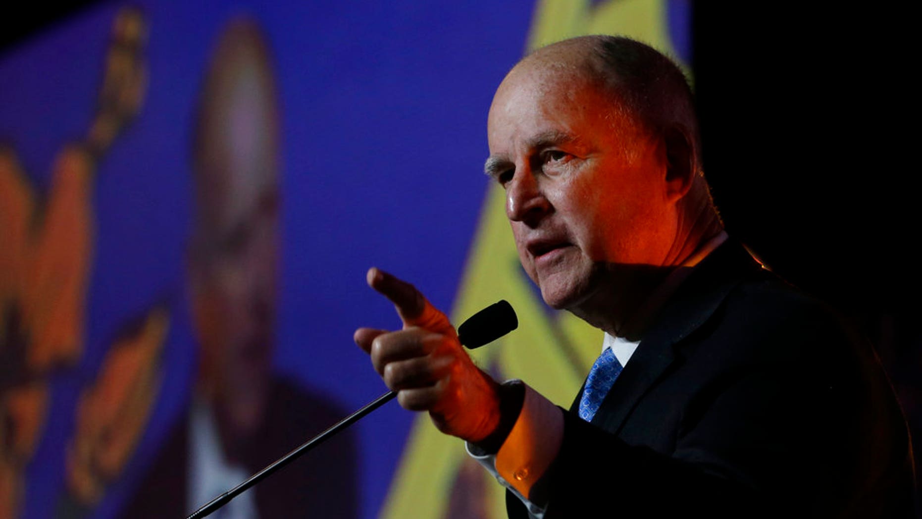 Gov. Jerry Brown speaks at the annual Sacramento Host Breakfast Thursday, May 24, 2018, in Sacramento, Calif. (AP Photo/Rich Pedroncelli)