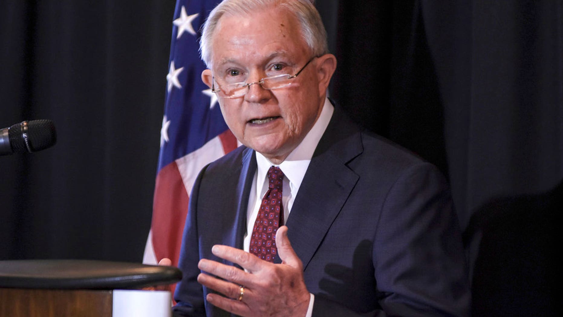 In this June 14, 2018, file photo, U.S. Attorney General Jeff Sessions speaks about immigration at Parkview Field in Fort Wayne, Indiana.