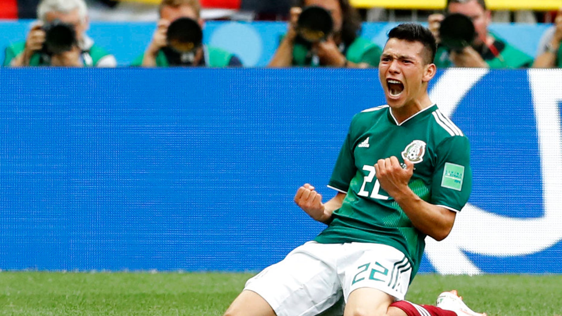 Mexico's Hirving Lozano, celebrates scoring his side's opening goal during the group F match between Germany and Mexico at the 2018 soccer World Cup in the Luzhniki Stadium in Moscow, Russia, Sunday, June 17, 2018.