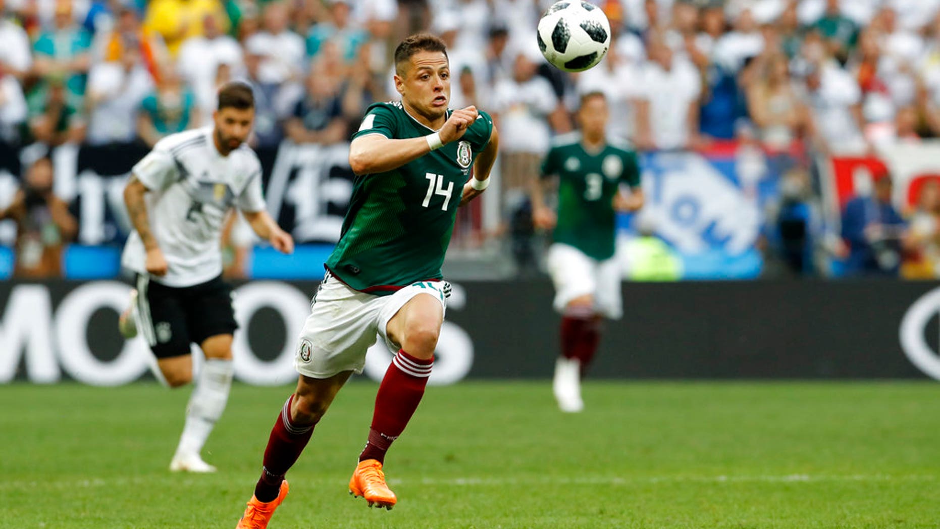 Mexico's Javier Hernandez runs during the Group F match between Germany and Mexico; he has told his fans to stop chanting homophobic slurs during their games
