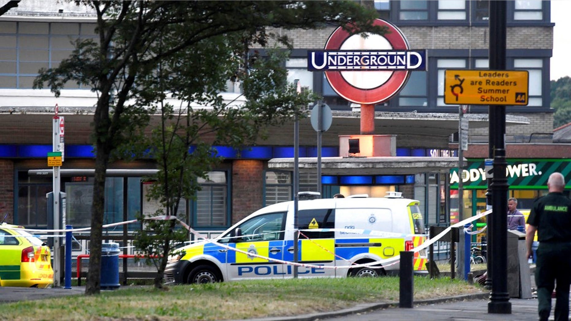 Emergency services at the scene of a small explosion at Southgate Underground station.
