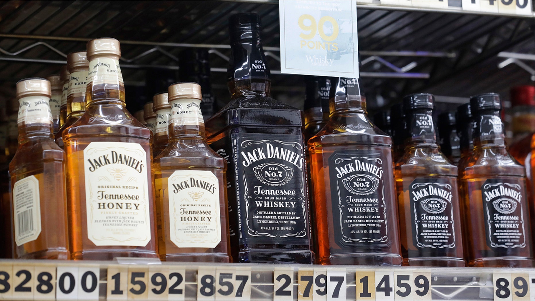 Bottles of Jack Daniel's liqueur and whiskey are displayed at Rossi's Deli in San Francisco, July 9, 2018.