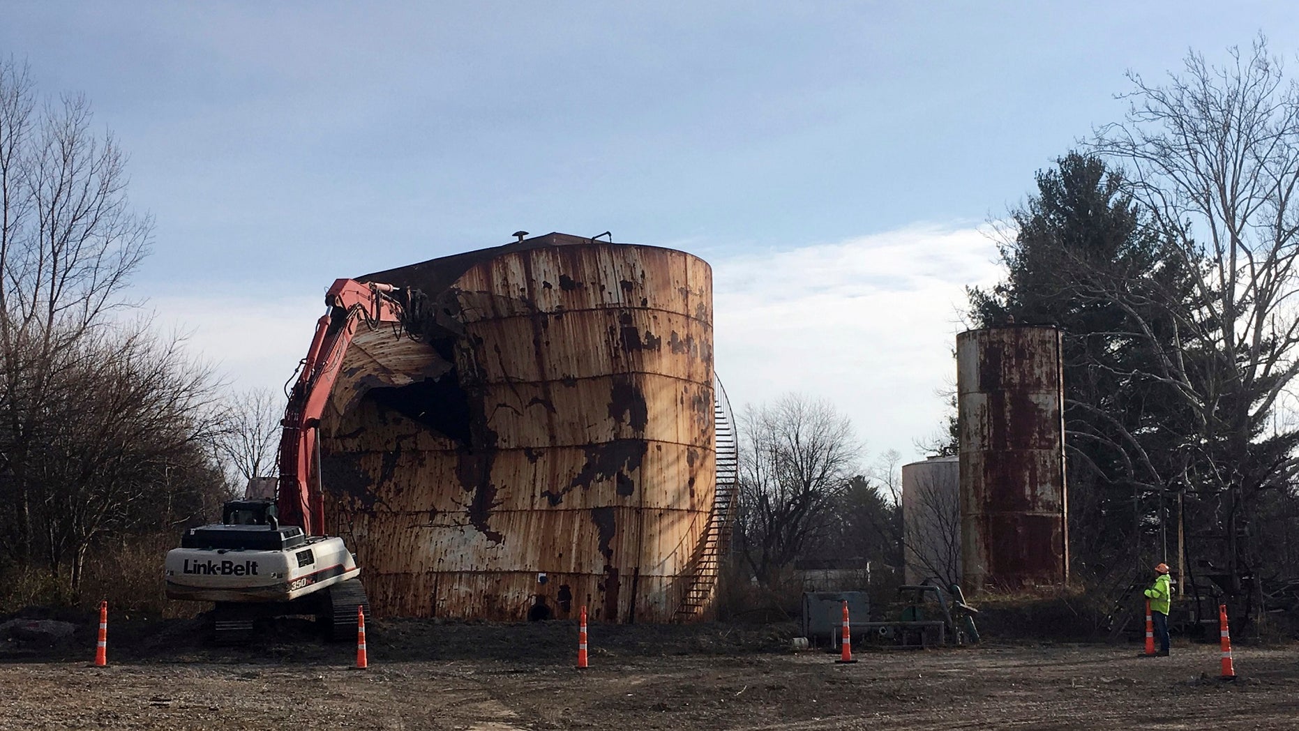 A tank at a Kiel Bros. property is torn down in Indianapolis, Dec. 11, 2017.