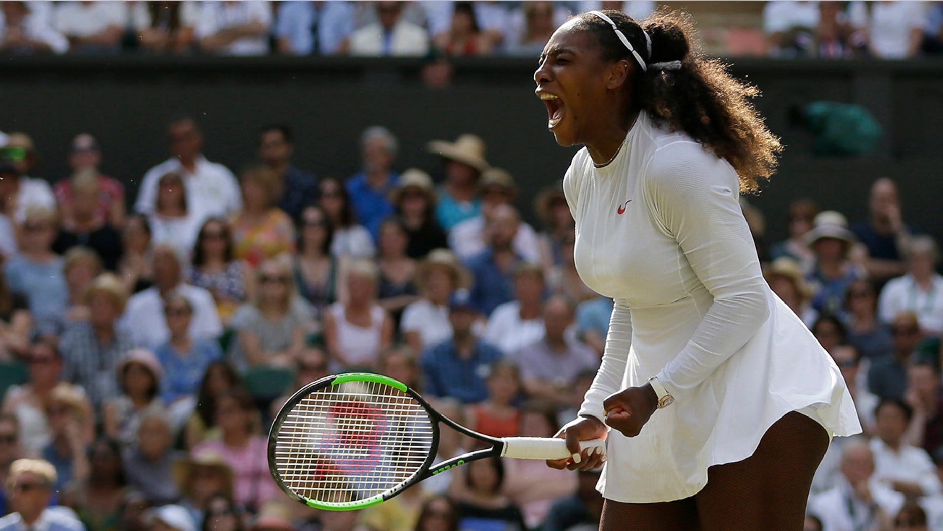Serena Williams of the United States celebrates winning a point during her women's singles final match against Germany's Angelique Kerber at the Wimbledon Tennis Championships, in London, Saturday July 14, 2018. (AP Photo/Tim Ireland)