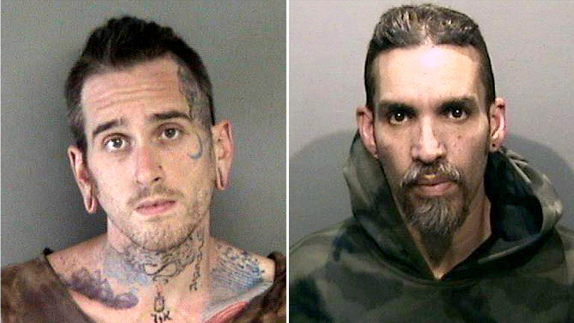 Booking photos released by the Alameda County Sheriff's Office shows Max Harris, left, and Derick Almena, at Santa Rita Jail in Alameda County, Calif., June 2017.