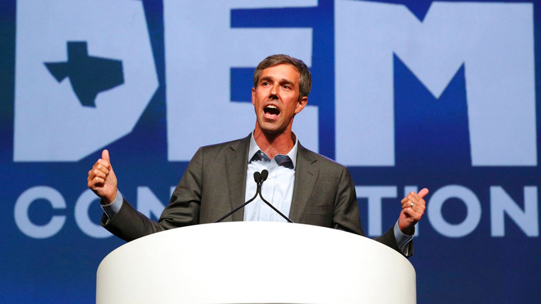 FILE: Beto O'Rourke speaks during the general session at the Texas Democratic Convention in Fort Worth, Texas.