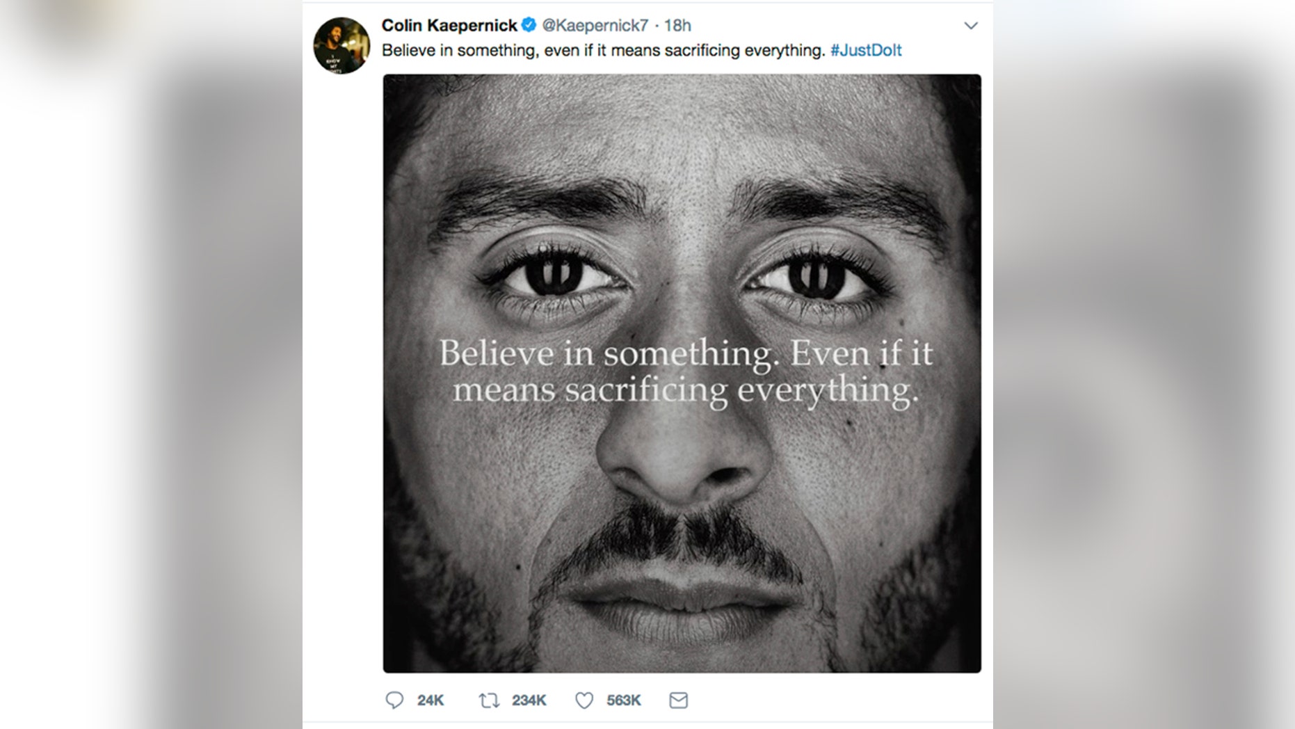 This image taken from the Twitter account of the former National Football League player Colin Kaepernick shows a Nike advertisement featuring him that was posted Monday, Sept. 3, 2018.