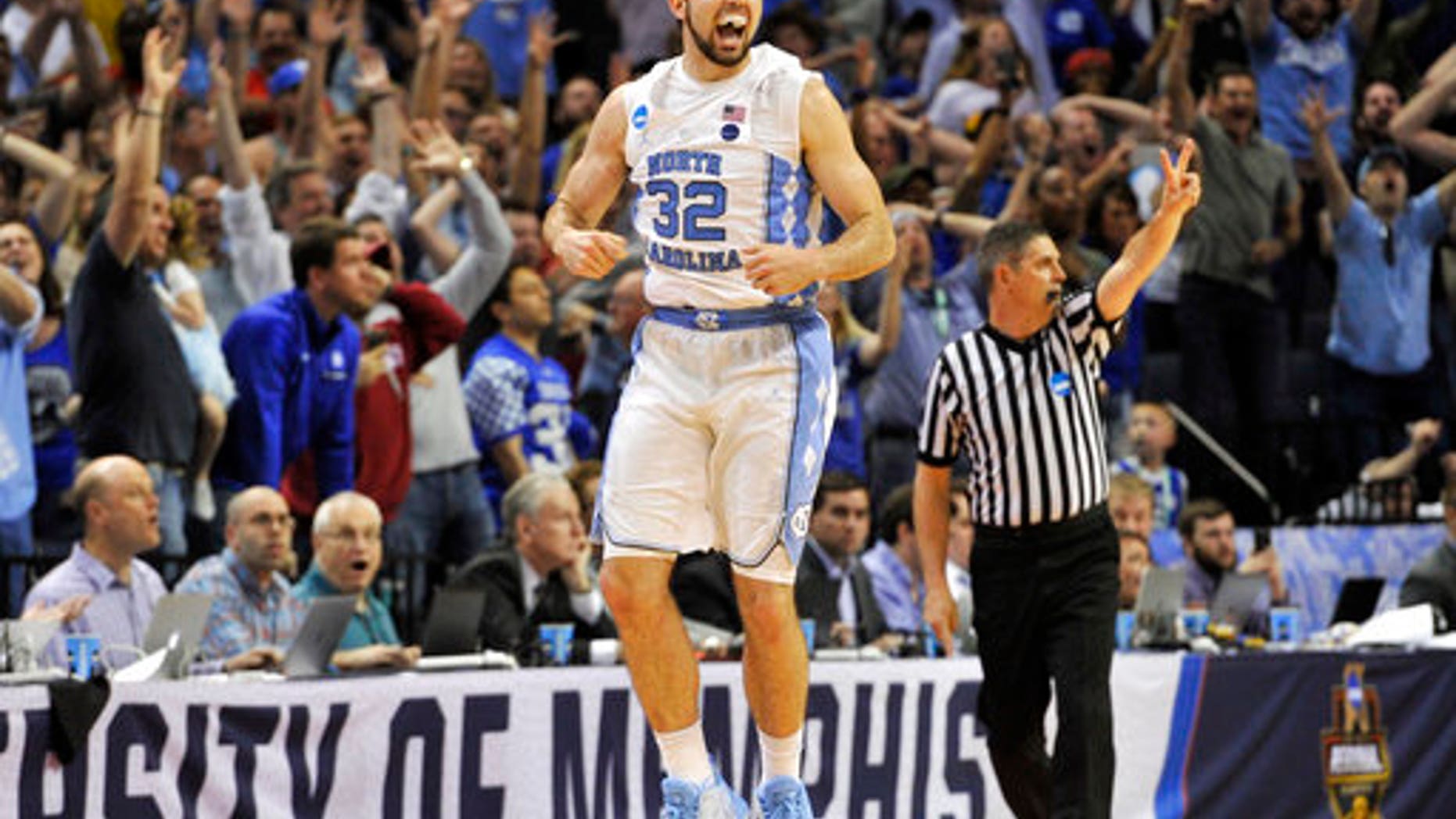 North Carolina forward Luke Maye celebrating the win.