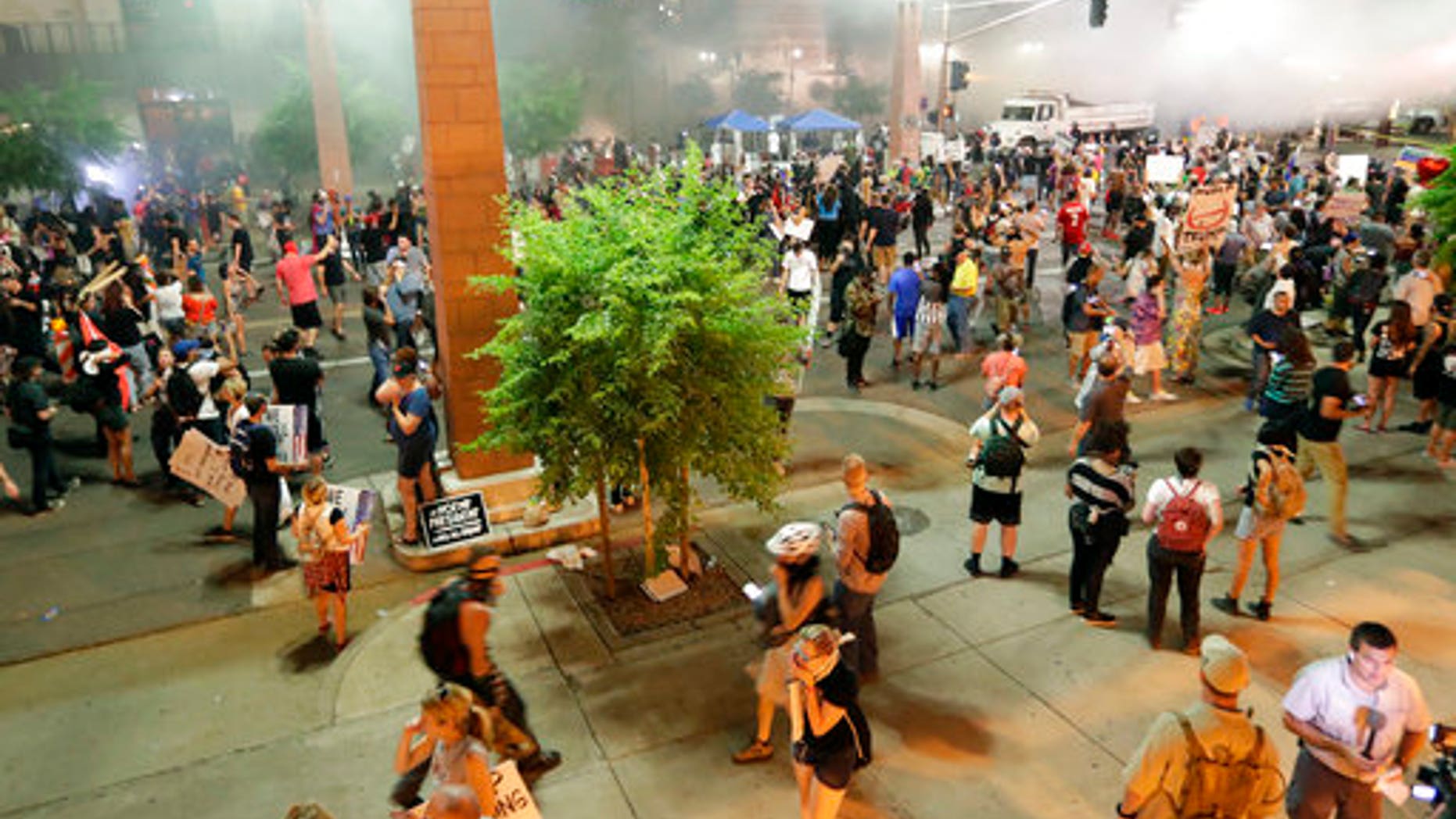 Protesters outside the Phoenix Convention Center on Tuesday.
