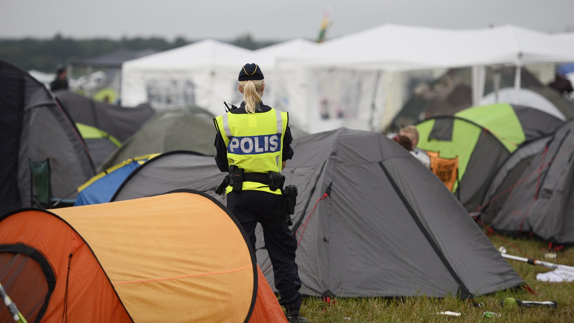 Security in a campsite at the Bravalla Festival.