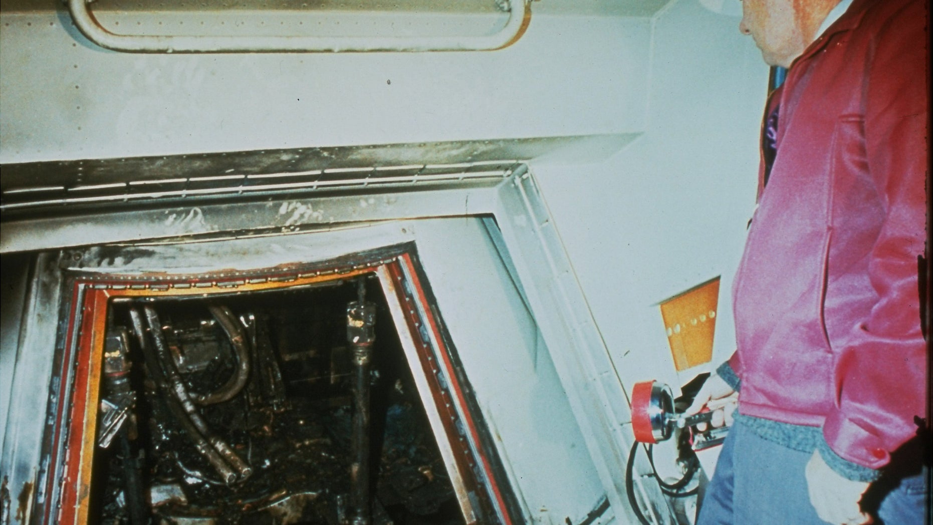 A 1967 file photo shows the charred interior of the Apollo 1 capsule.
