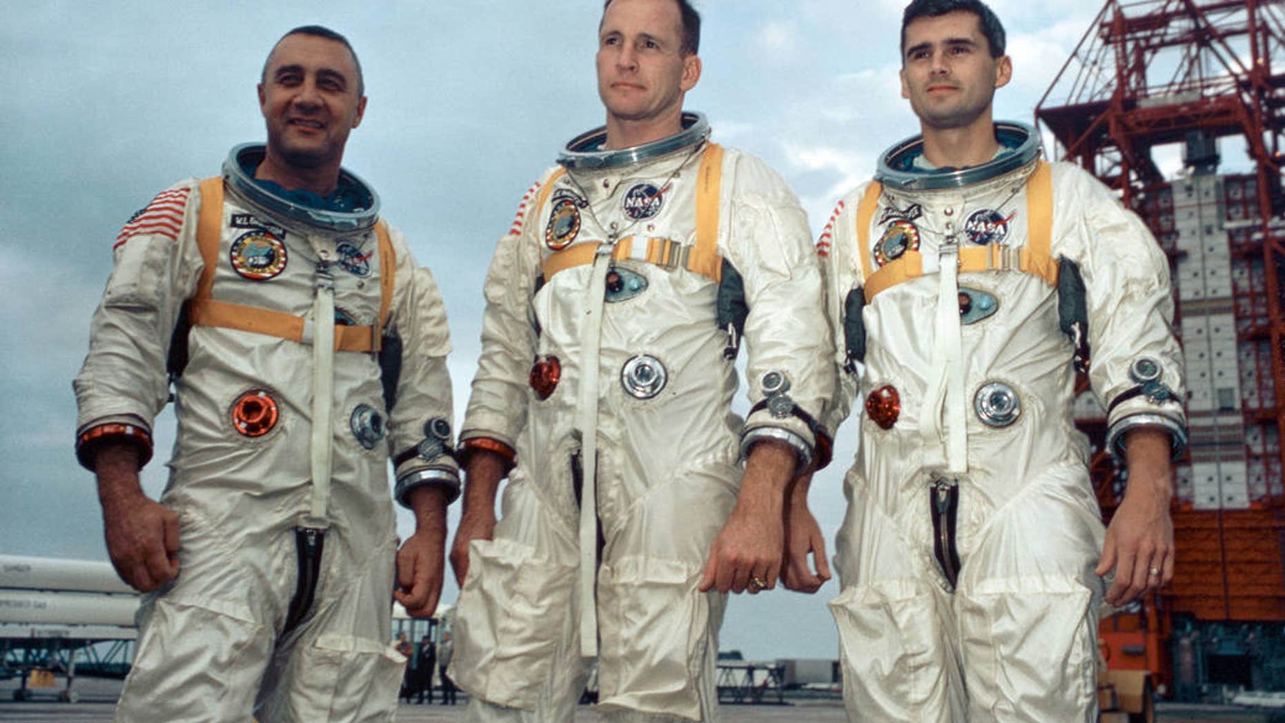 Apollo 1 astronauts (left to right) Gus Grissom, Ed White, and Roger Chaffee posing in front of Launch Complex 34 at Cape Canaveral Air Force Station in Florida. All three were killed when a fire blazed up in their capsule during a ground test on Jan. 27, 1967. (NASA)